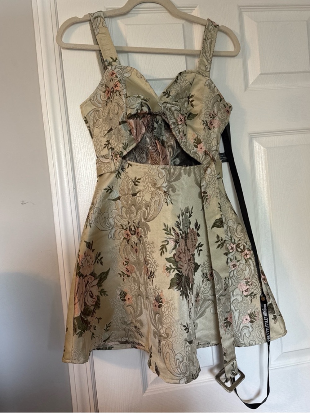 PrettyLittleThing Sage Floral Jacquard Fit-and-Flare Mini Dress